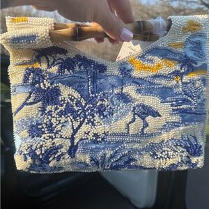 Viral beaded blue Hawaiian bag with bamboo handle